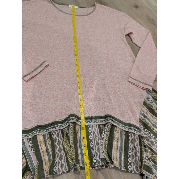 Oddy Boho Tribal Shark Bite Hem Tunic Top Long Sleeve Women's Medium Pink Green - Picture 11 of 14